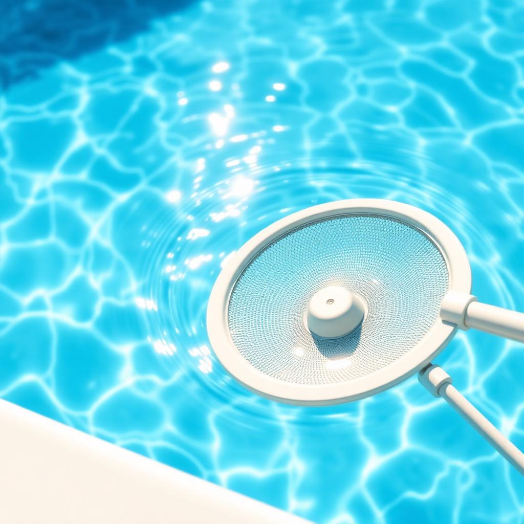 Pool technician skimming leaves from a sparkling clean San Diego backyard pool